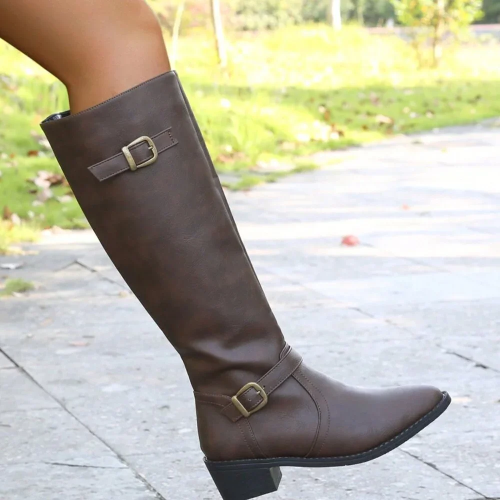Brown Party Women's High-Cut Heel Riding Boots with Zipper & Pointed Toe